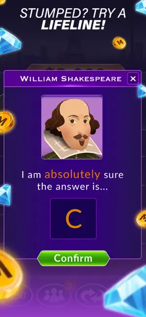 William Shakespeare Expert card saying he is absolutely sure the answer is C, above a green Confirm button