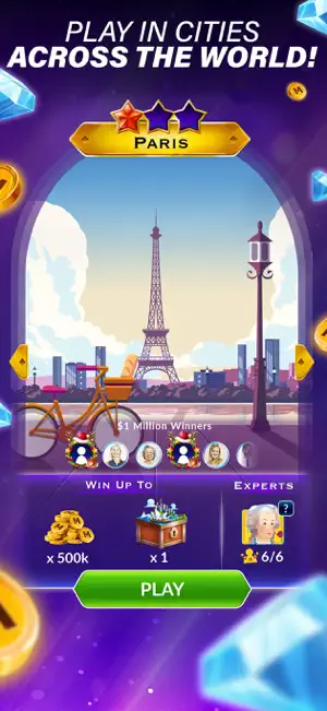 Paris city screen with the Eiffel Tower, $1 Million winners, a prize of up to 500k coins and a chest, and 6/6 Experts
