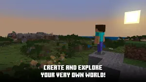 Player character on a grassy hill at sunrise, with a village and a pixelated sun on the horizon