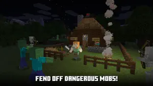 Player holding a sword outside a wooden cabin at night, facing two zombies and a skeleton