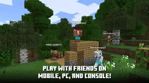 Three players with gamertags visible in a forest, one standing on a stack of placed blocks