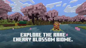 Cherry blossom biome with pink trees around a lake and a player in gold armour on the shore