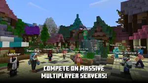 Multiplayer server hub with signposted game modes and players wearing bought cosmetic skins