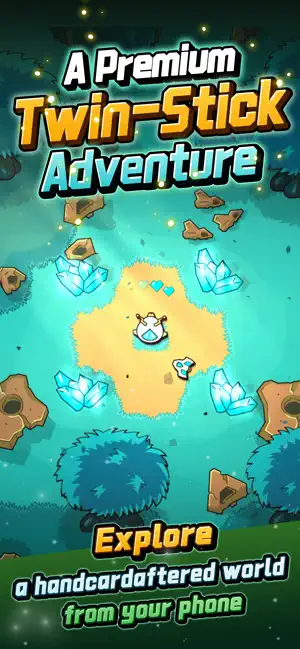 The ship above a sunlit island with crystal shards — A Premium Twin-Stick Adventure