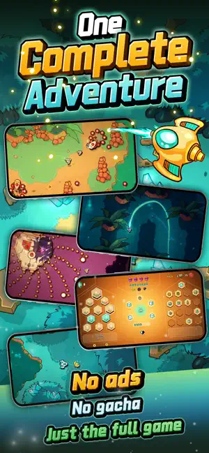 A collage of map, dungeon and boss scenes — No ads, no gacha, just the full game
