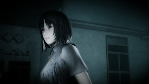 Silvia in a school uniform beside a wall at night, looking back over her shoulder