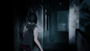 Silvia with a backpack walking a dark corridor lined with doors