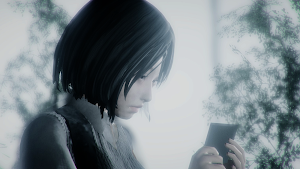 Close-up of Silvia reading a letter in pale fog