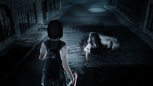 A long-haired creature crawling toward Silvia on a wet road under a streetlamp