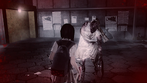 Silvia backing away from a pale figure in a red-lit alley of notice boards