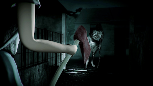 Silvia raising an axe at a creature behind a fence in the dark