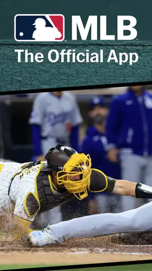 Store title card reading MLB The Official App above a play at home plate with a Padres catcher