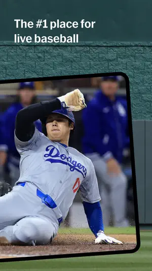 Promo card reading The #1 place for live baseball over a Dodgers runner sliding into a base