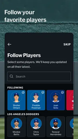 Follow Players onboarding screen with Shohei Ohtani, Freddie Freeman and Juan Soto selected above a Dodgers roster row