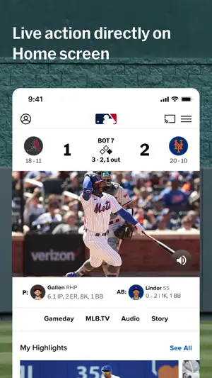 Home screen with a live Diamondbacks–Mets score in the bottom of the 7th and Gameday, MLB.TV, Audio and Story buttons