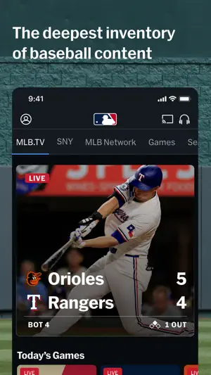 MLB.TV tab beside SNY and MLB Network tabs, showing a live Orioles–Rangers game at 5–4 in the bottom of the 4th
