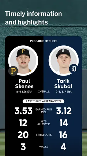 Probable pitchers card comparing Paul Skenes and Tarik Skubal on ERA, hits, strikeouts and walks over three starts