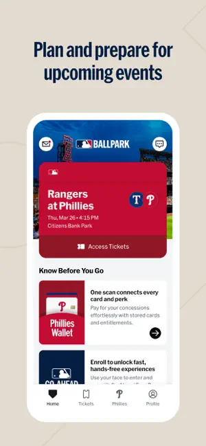 Home tab with a Rangers at Phillies ticket card for Citizens Bank Park above Phillies Wallet and Go-Ahead enrollment tiles