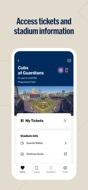 Cubs at Guardians game page for Progressive Field with My Tickets, Guards Wallet and Stadium Guide links