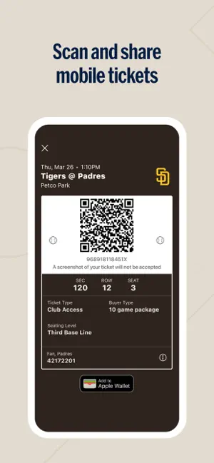 Tigers at Padres mobile ticket at Petco Park, Section 120, Row 12, Seat 3, with a QR code and Add to Apple Wallet button