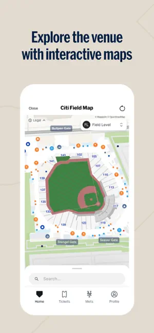 Citi Field interactive map at Field Level showing numbered sections, the Stengel and Seaver gates and a search bar