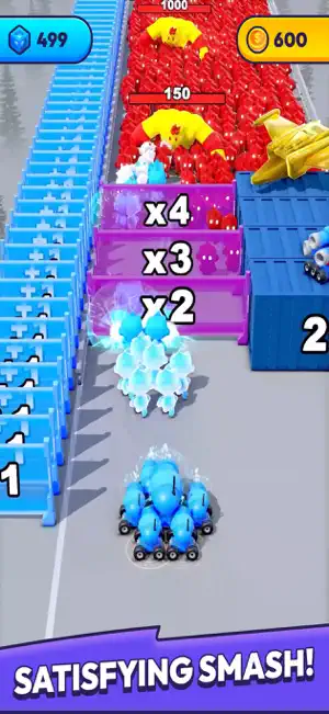 Blue cannon squad pushing units through x2, x3 and x4 gates toward a red crowd marked 1000 and 150, captioned Satisfying Smash