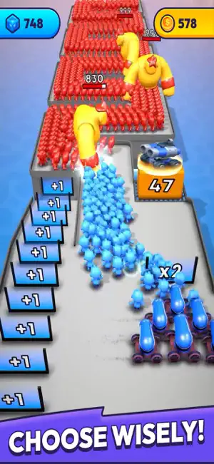 Blue mob streaming past rows of +1 gates into a red army led by yellow brutes, with a turret pickup marked 47