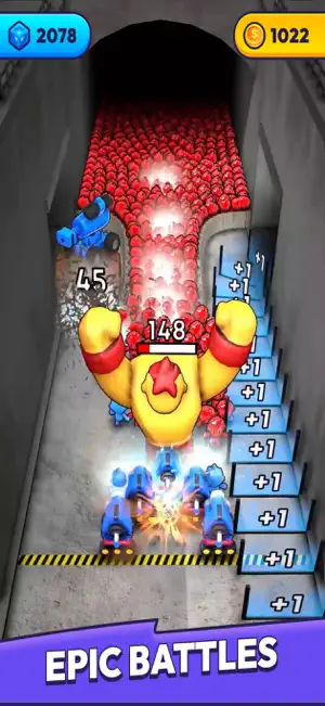 Tunnel lane where twin blue cannons fire at a yellow giant with 148 health ahead of a red horde