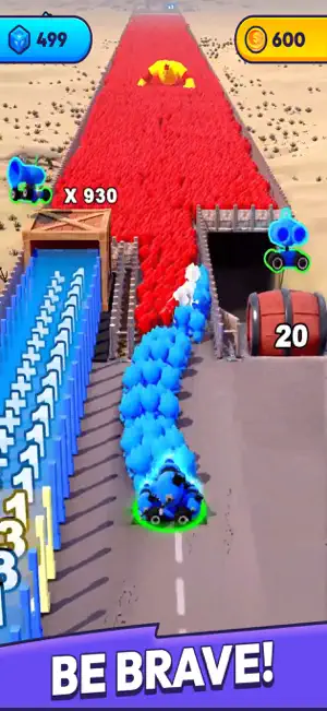 Desert road with a blue mob snaking past a x930 cannon bonus and a barrel marked 20 toward a red army