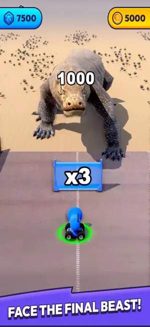 Single blue cannon facing a giant lizard boss marked 1000 behind a x3 gate, captioned Face the Final Beast