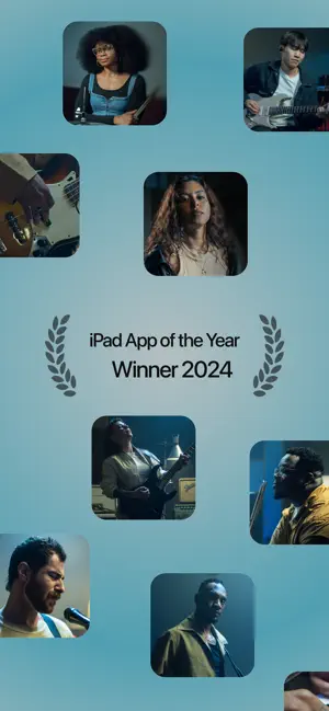 Light blue promo frame with a laurel wreath reading iPad App of the Year, Winner 2024, ringed by portraits of musicians with guitars and a microphone
