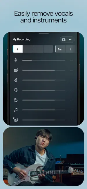 Easily remove vocals and instruments screen: a mixer titled My Recording with a chord strip and seven track volume sliders, above a photo of a guitarist
