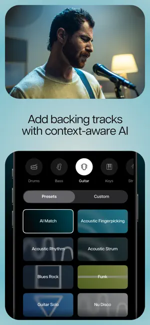 Add backing tracks with context-aware AI screen: Drums, Bass, Guitar, Keys and Strings tabs with Guitar selected and presets AI Match, Acoustic Fingerpicking, Blues Rock, Funk, Guitar Solo and Nu Disco, below a singer with a guitar