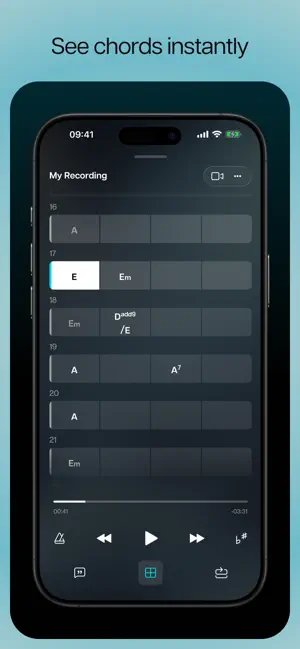 See chords instantly screen: a grid of bars 16 to 21 with chords A, E highlighted, Em, Dadd9/E and A7, and a play bar with rewind and fast-forward at 00:41
