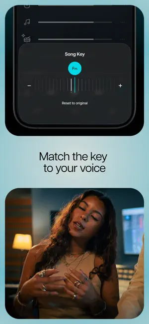 Match the key to your voice screen: a Song Key dial set to Fm with minus and plus buttons and Reset to original, above a woman singing