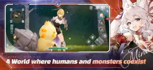 Tag battle on a grassy field with a giant yellow monster, Mina's portrait at the right