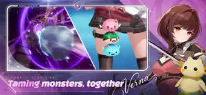 Taming a small slime monster in a purple vortex, Verna beside it