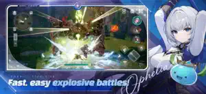 Explosive tag-skill attack lighting up a forest arena, Ophelia at the right