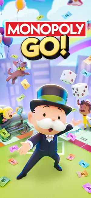 Title art with the Monopoly mascot on a board surrounded by dice