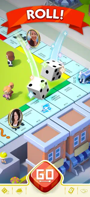 Board view mid-roll with two dice in the air and a GO button below