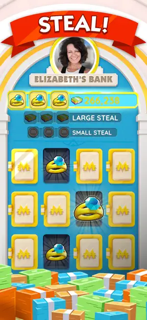 Bank heist grid with large and small steal options over vault tiles