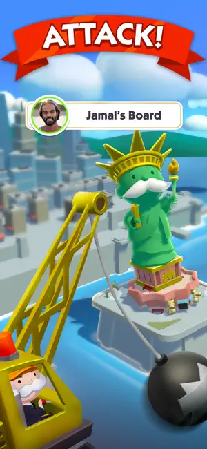 Wrecking ball swinging towards a landmark on another player's board