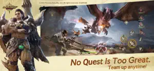 Four-player hunt against a flying monster, with on-screen attack buttons and weapon icons