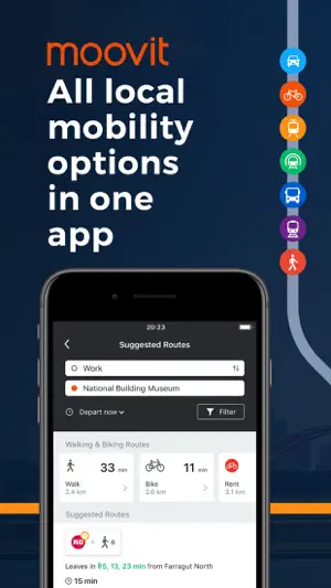 Moovit Suggested Routes screen from Work to National Building Museum showing a 33-minute walk, an 11-minute bike ride and a rental option above transit suggestions