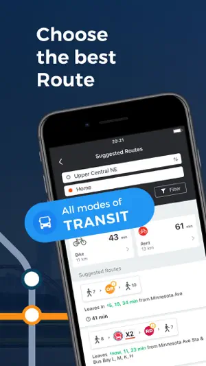 Suggested Routes from Upper Central NE to Home comparing a 43-minute bike ride and a 61-minute rental with bus routes leaving from Minnesota Ave, under an All modes of Transit badge