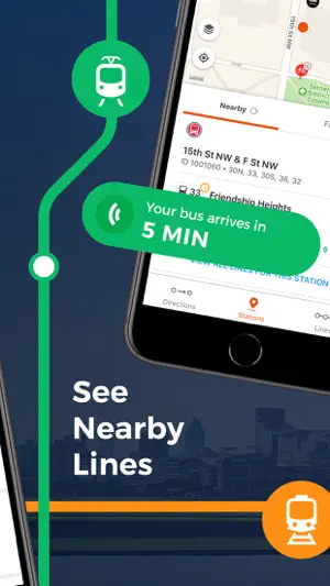 Nearby stations card for the 15th St NW & F St NW stop listing lines 30N, 33, 30S, 36 and 32, with a Your bus arrives in 5 min banner