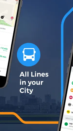 Map with green 5-minute and 20-minute arrival times beside a list of colored Metro line badges, captioned All Lines in your City