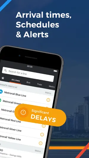Lines tab listing the WMATA Metrorail Blue, Green, Orange, Red, Silver and Yellow lines with alert icons and a Significant Delays badge