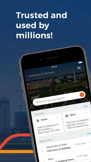 Moovit home screen for Washington, DC-Baltimore with a Where do you want to go search box, Home and Work favorites and a Recent Trips list