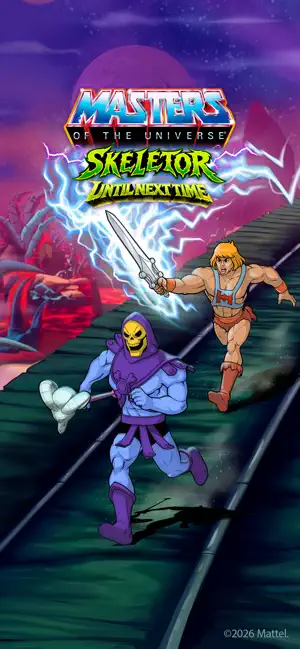 Skeletor and He-Man on the Masters of the Universe key art with lightning